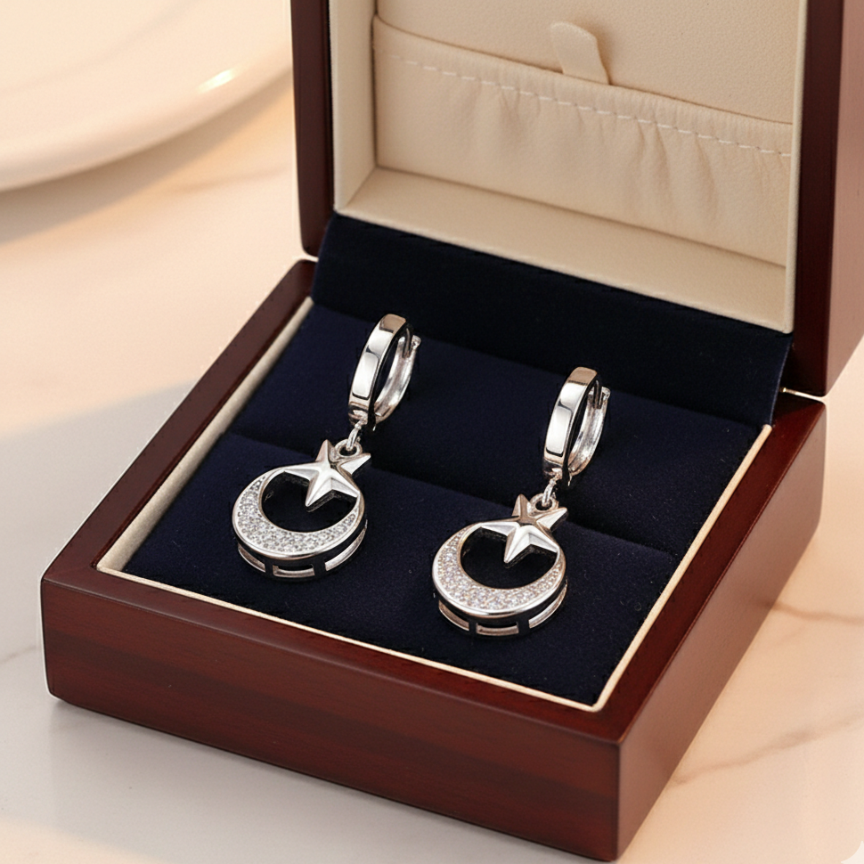 925 Sterling Silver Crescent Moon and Star Drop Earrings