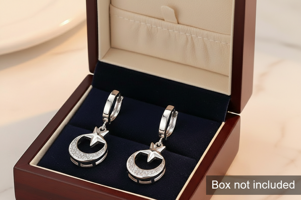 925 Sterling Silver Crescent Moon and Star Drop Earrings