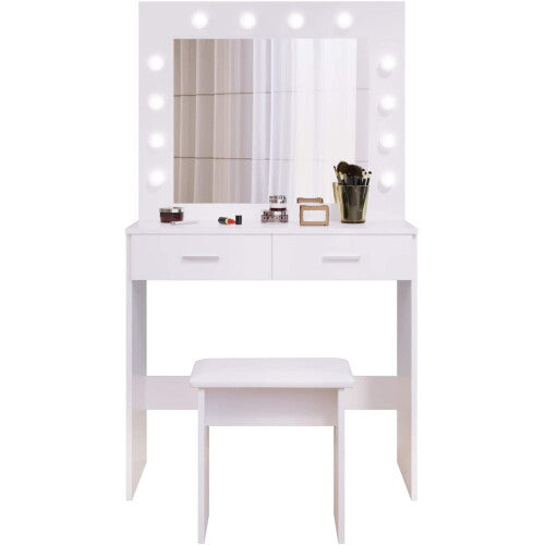 (White) Dressing Table Set with Hollywood LED Lights Mirror, Vanity Makeup Table 2 Large Drawers and Stool Gift for women - Truly Yours