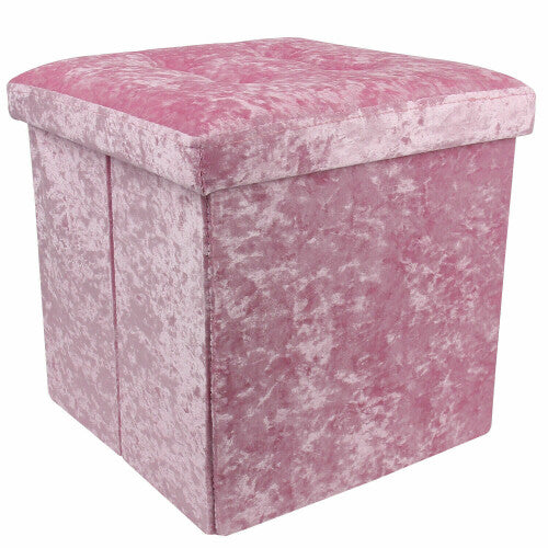 (Pink) Crushed Velvet Ottoman Foot Stool Storage Box Furniture Seat Rest Cube Foldable - Truly Yours