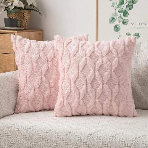 (Pink) Set of 2 18x18" Luxury Textured Chenille Fur Geo Cushions Pillow Square Sofa Bed