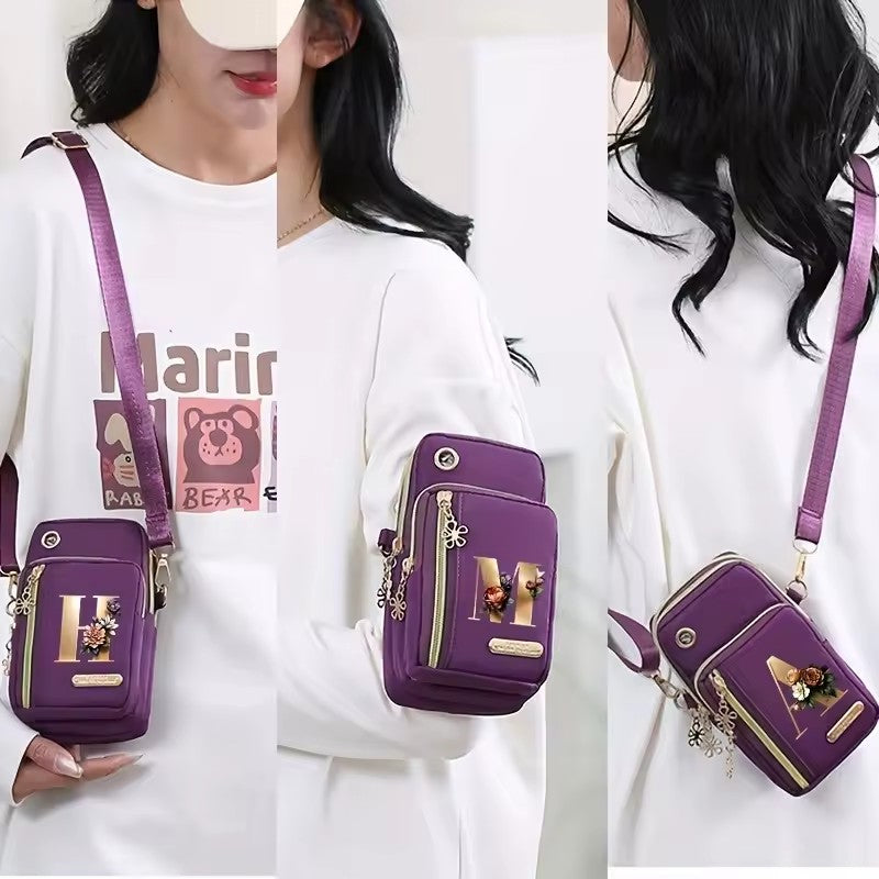 🌸 Floral Alphabet A–Z Crossbody Bag – Stylish Women’s Nylon Shoulder Phone Bag with Zip Pockets ✨