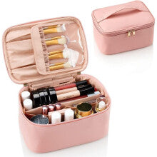 Portable Cosmetic Bag with Makeup Brushes Organiser Large Capacity Toiletry Bags Holiday Essentials for Women, Pink