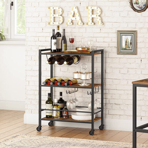 🍷 3 Tier Industrial Bar Cart – Rustic Wooden Kitchen Trolley with Wine Rack & Wheels ✨ - Truly Yours