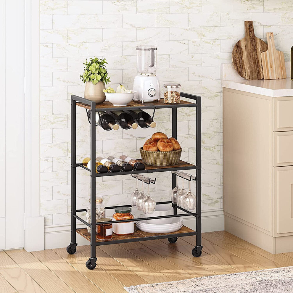 🍷 3 Tier Industrial Bar Cart – Rustic Wooden Kitchen Trolley with Wine Rack & Wheels ✨ - Truly Yours