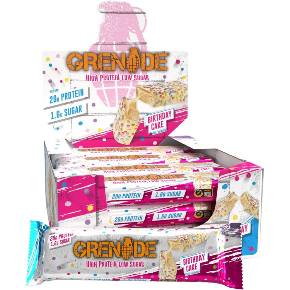 Grenade Birthday Cake High-Protein Bar - 20g+ Protein, 1.6g Sugar, Triple-Layer, Informed Sport, 12 x 60 g