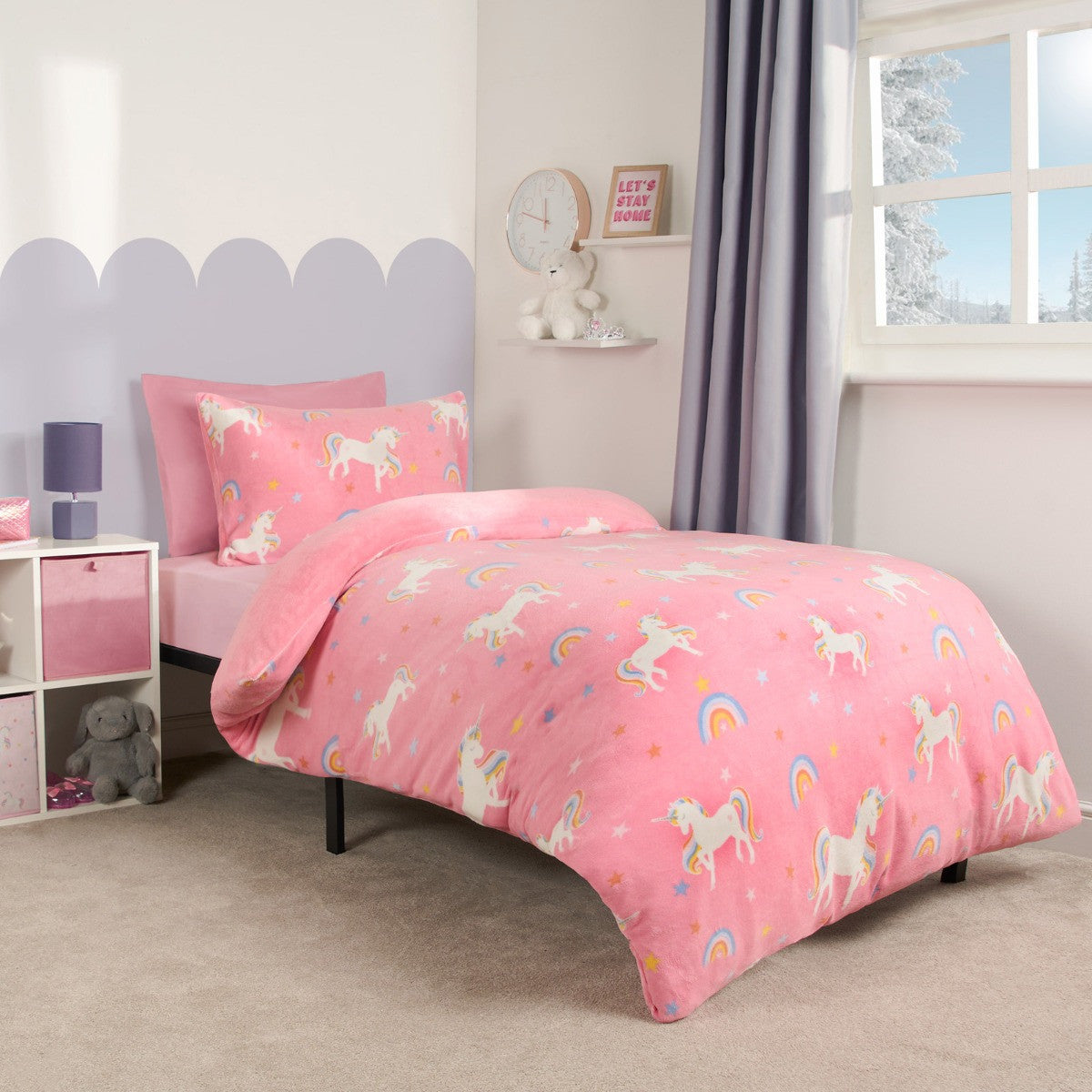 Single Unicorn Print Fleece Duvet Set – Pink