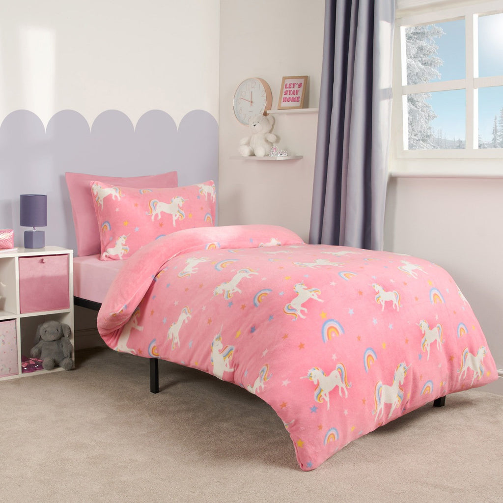 Single Unicorn Print Fleece Duvet Set – Pink - Truly Yours