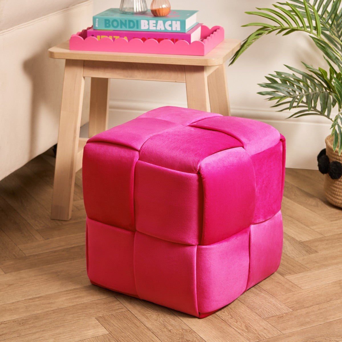 Hot pink Matte Velvet Footstool