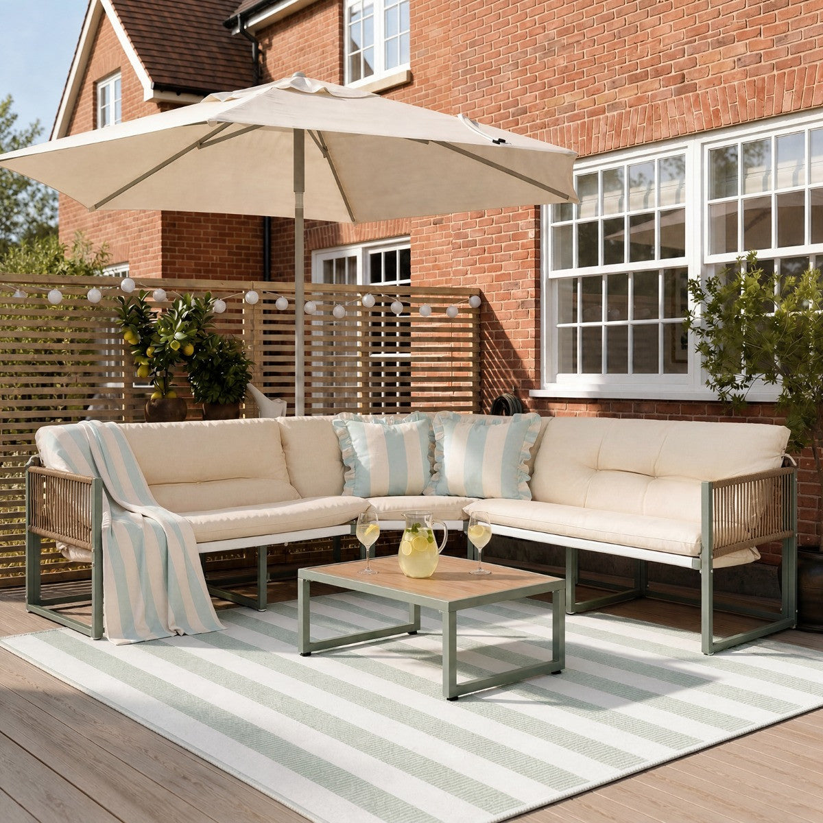 Santorini 5 Seater Corner Sofa Set with table - Sage/Cream