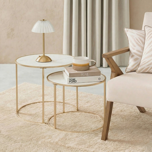 Manhattan Marble Effect Nest of 2 Round Side Tables