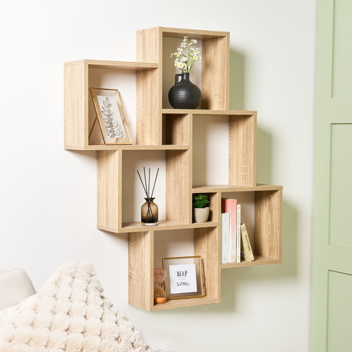 6-Tier Mounted Cube Shelving Unit – Natural Wood