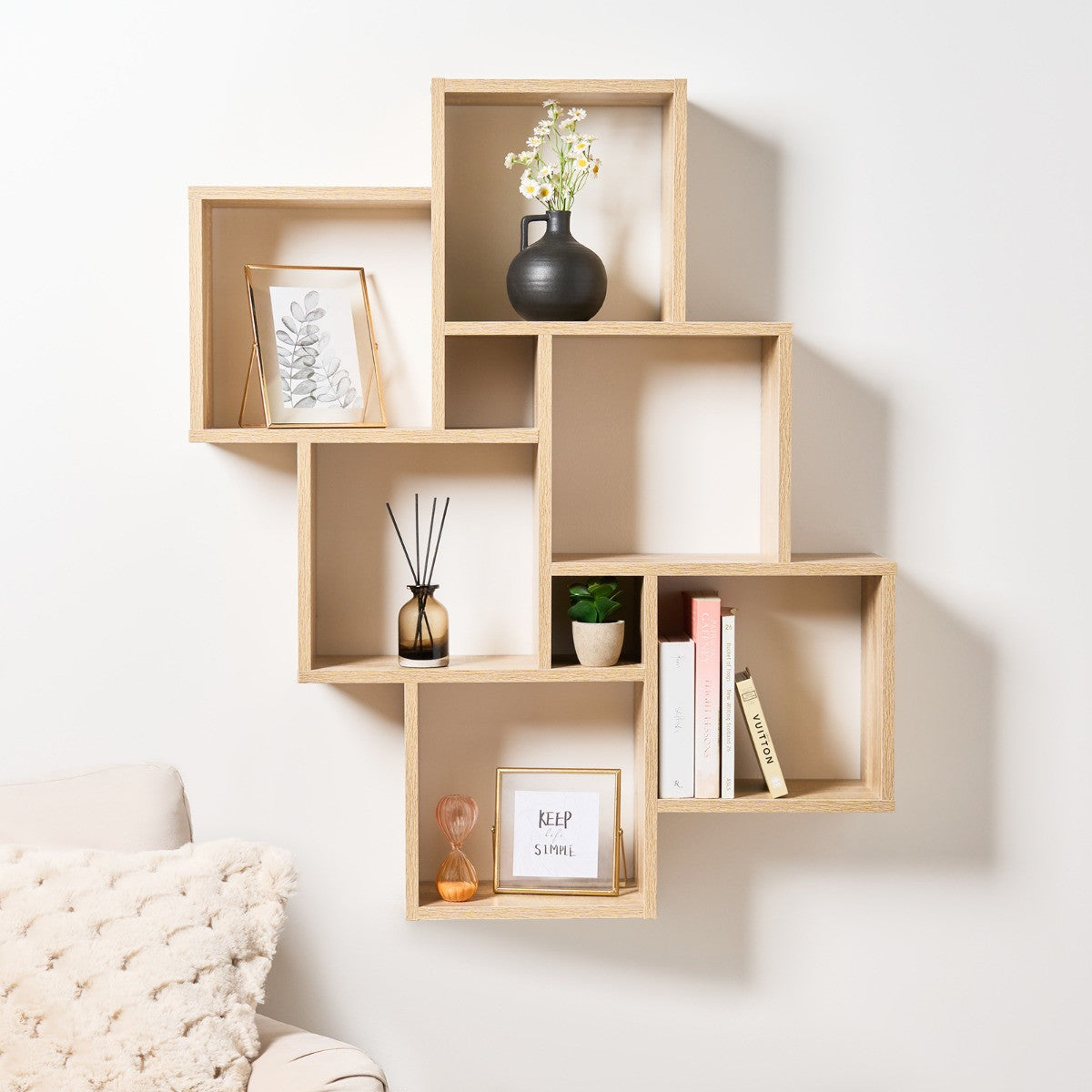 6-Tier Mounted Cube Shelving Unit – Natural Wood