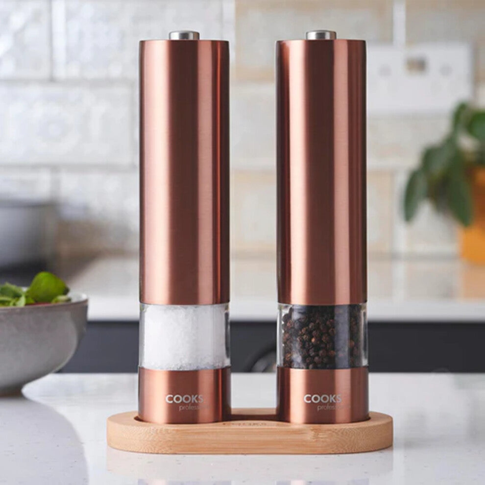 Cooks Professional Electric Salt & Pepper Mill Set with Bamboo Base