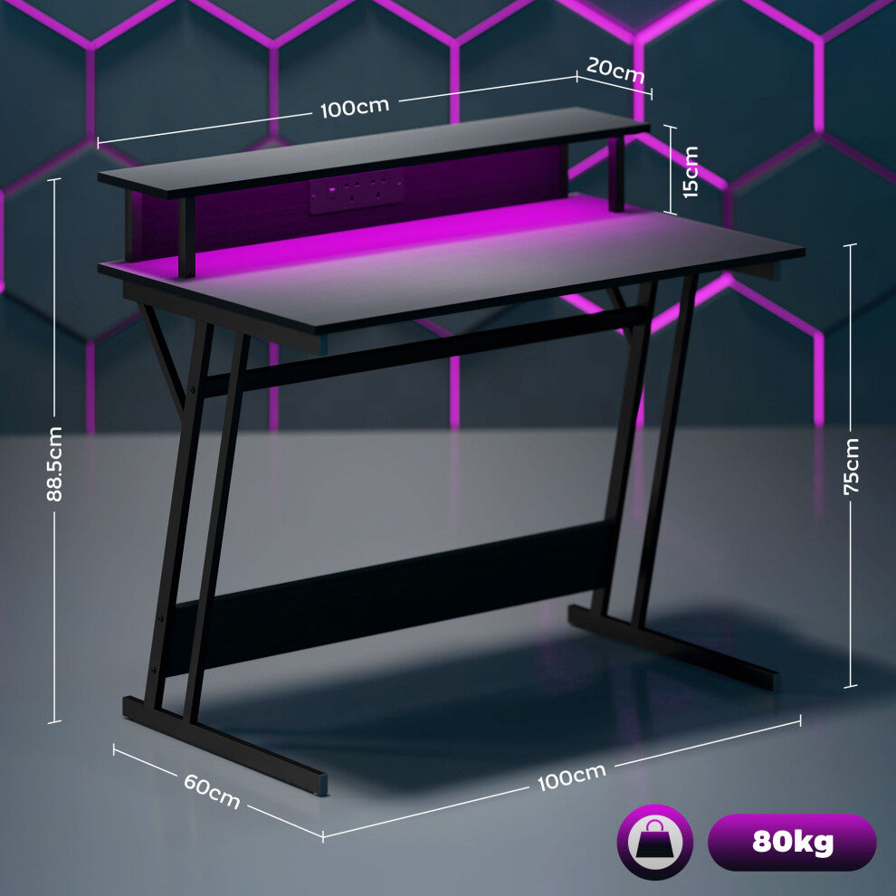HOMCOM LED Gaming Desk with Power Outlets & Monitor Stand