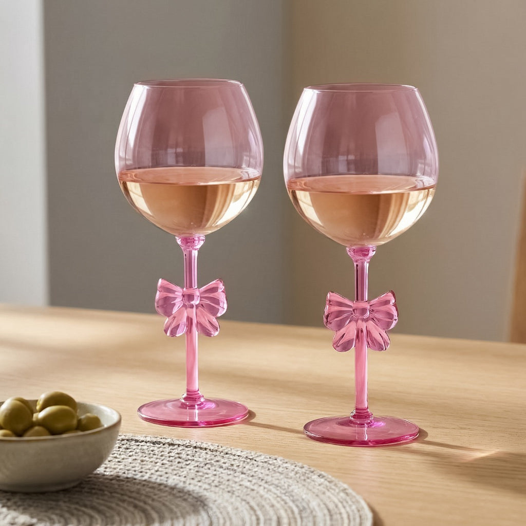 Plastic Bow Wine Glasses, Pink - 2 Pack