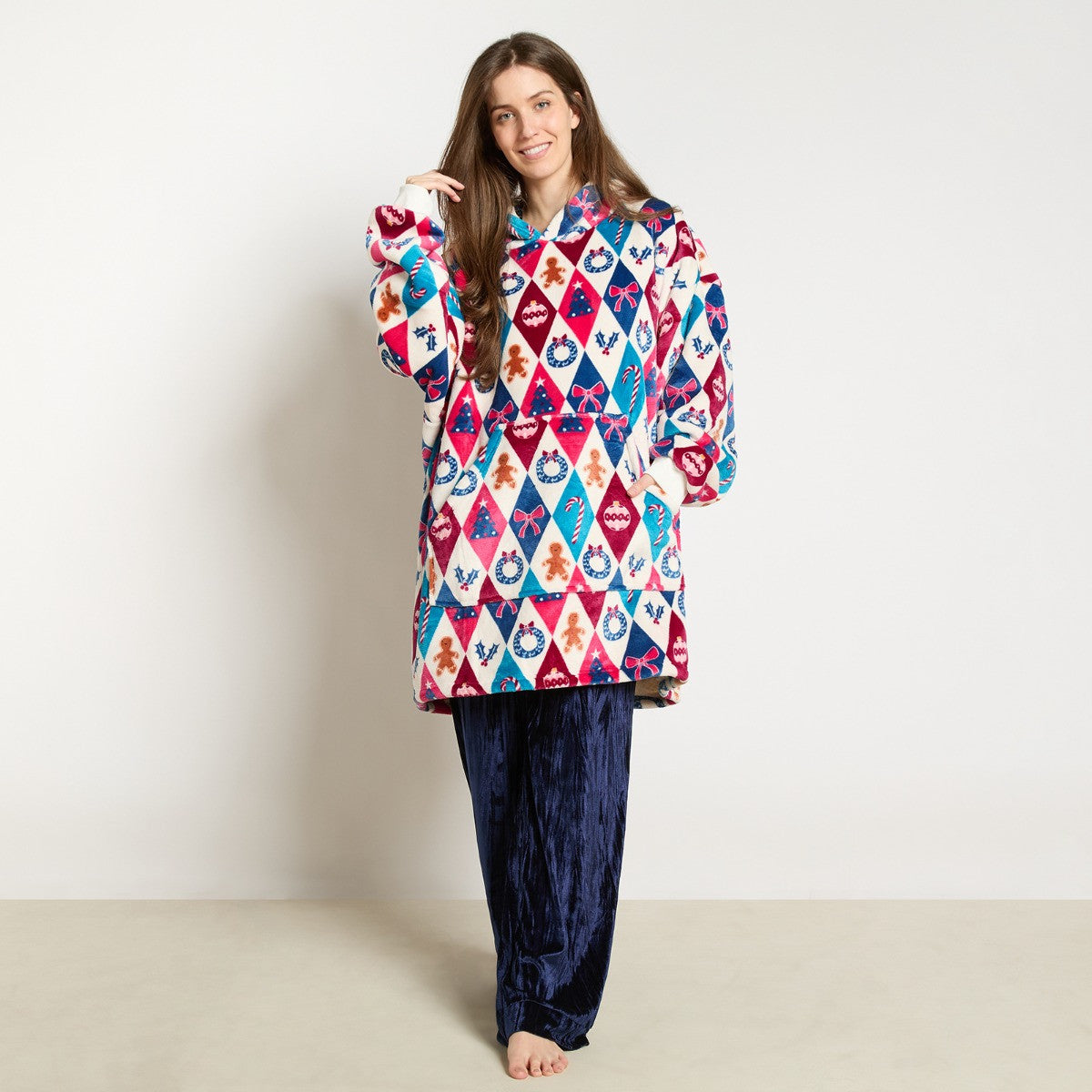Festive Harlequin Print Hoodie Blanket - Multi