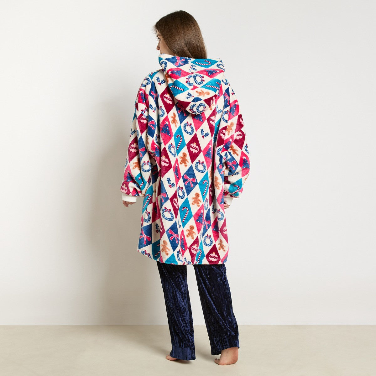 Festive Harlequin Print Hoodie Blanket - Multi