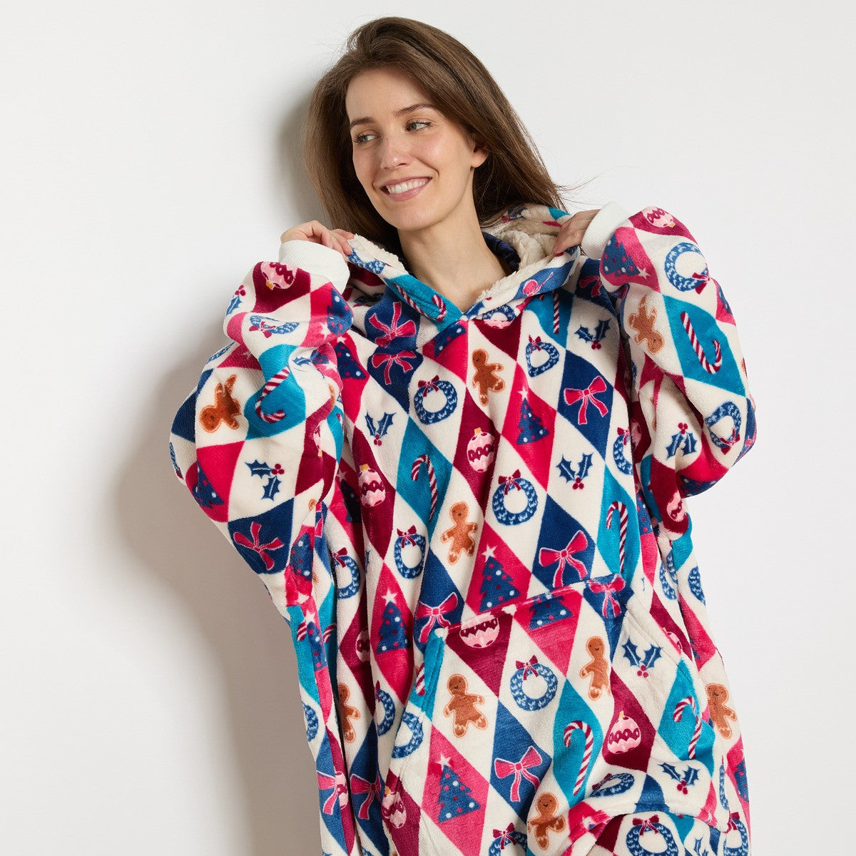 Festive Harlequin Print Hoodie Blanket - Multi