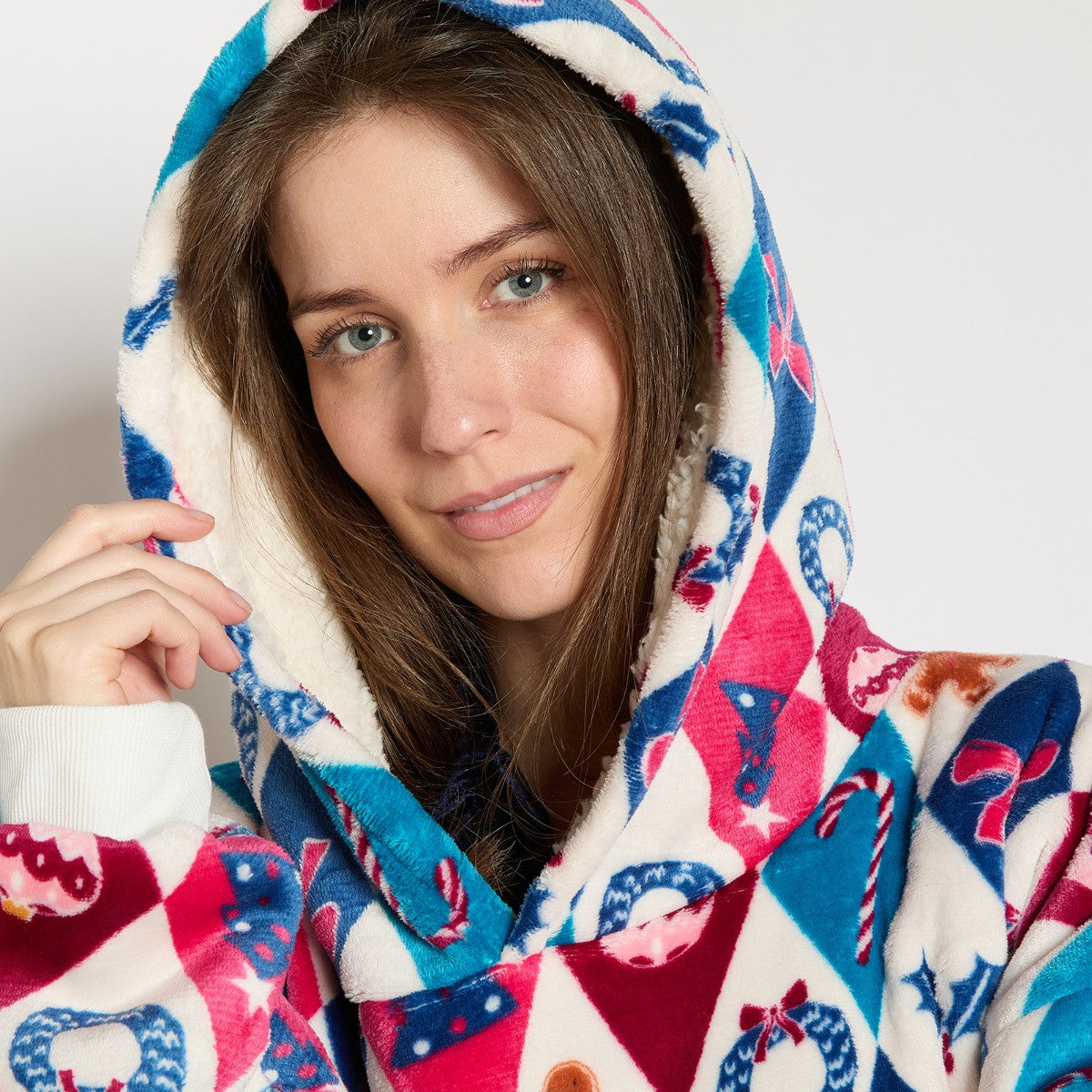 Festive Harlequin Print Hoodie Blanket - Multi