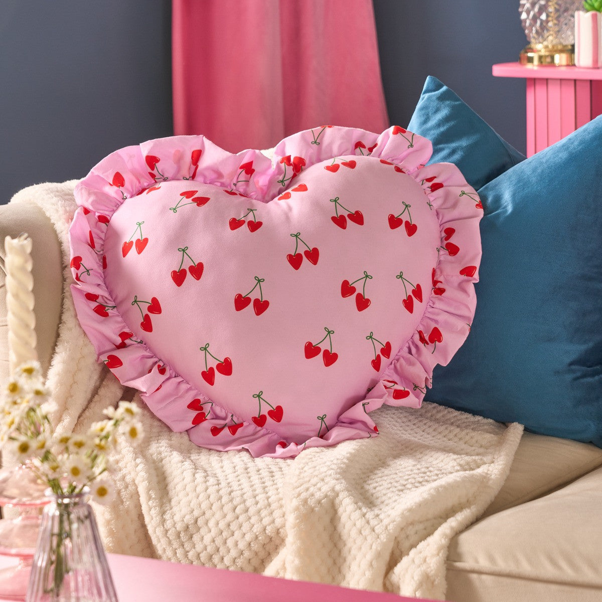 Frill Heart Shaped Cherry Print Cushion - Pink/Green