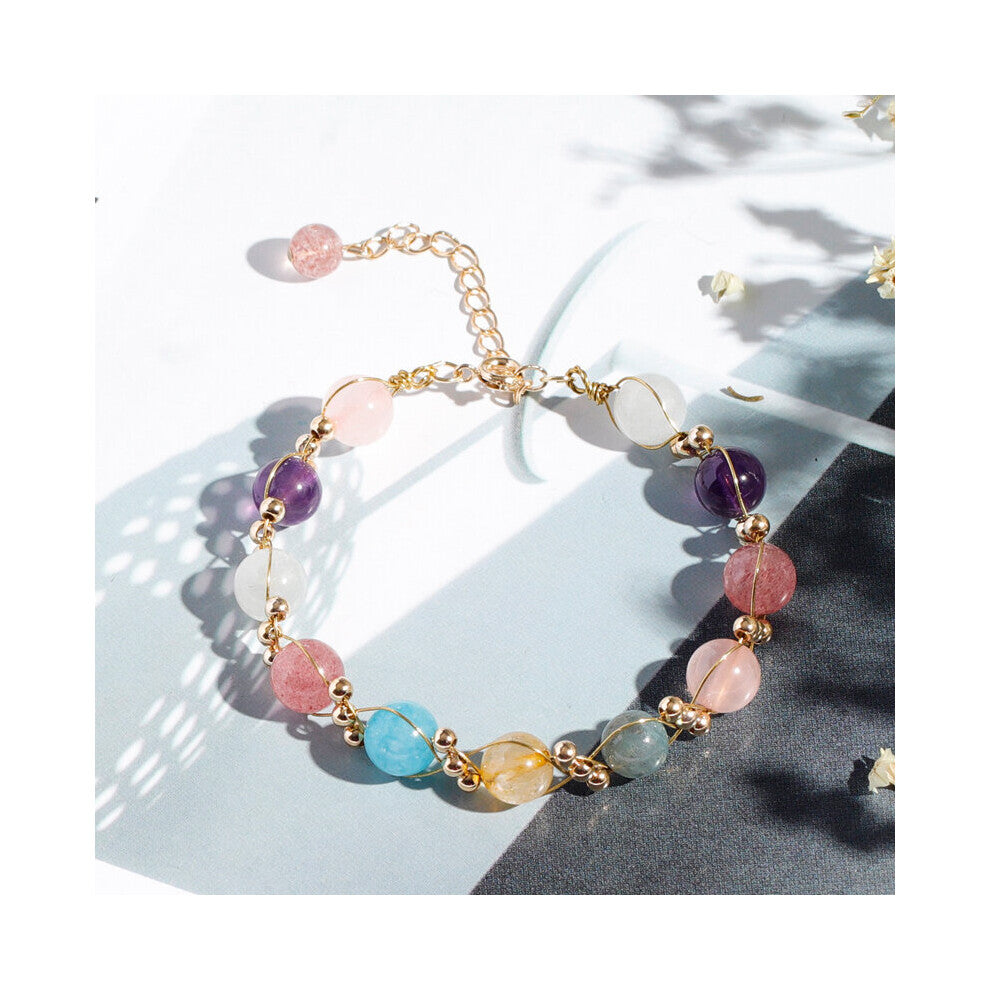 Moonstone, Rutilated Quartz, Strawberry Quartz, Amethyst & Aquamarine Crystal Bracelet