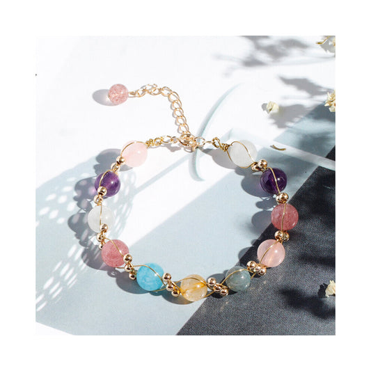 Moonstone, Rutilated Quartz, Strawberry Quartz, Amethyst & Aquamarine Crystal Bracelet