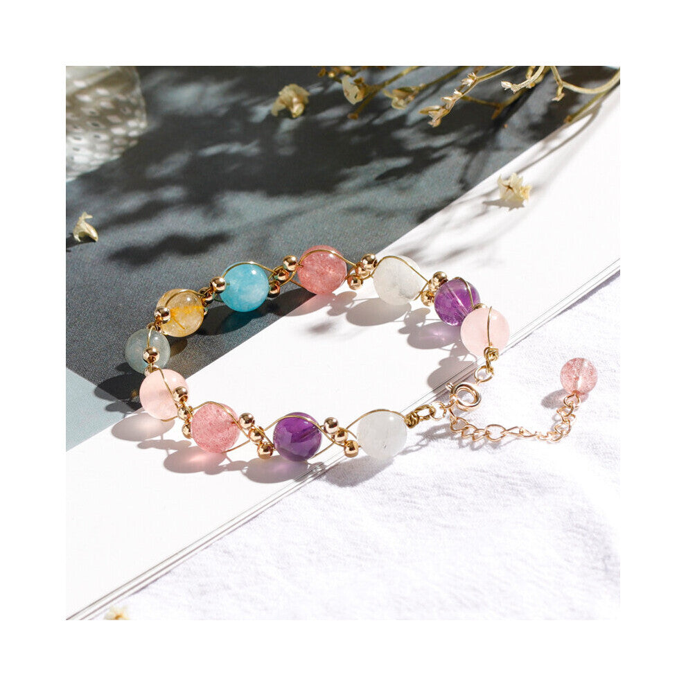 Moonstone, Rutilated Quartz, Strawberry Quartz, Amethyst & Aquamarine Crystal Bracelet