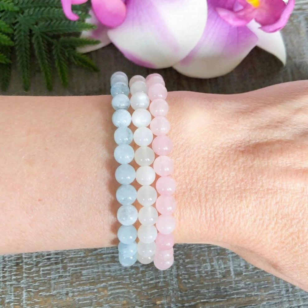 Rose Quartz • Moonstone • Aquamarine Fertility Bracelet Set
