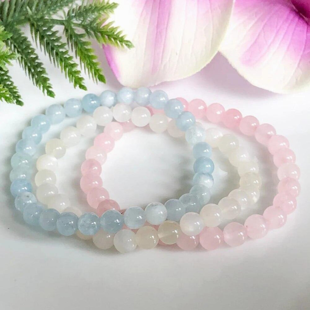 Rose Quartz • Moonstone • Aquamarine Fertility Bracelet Set