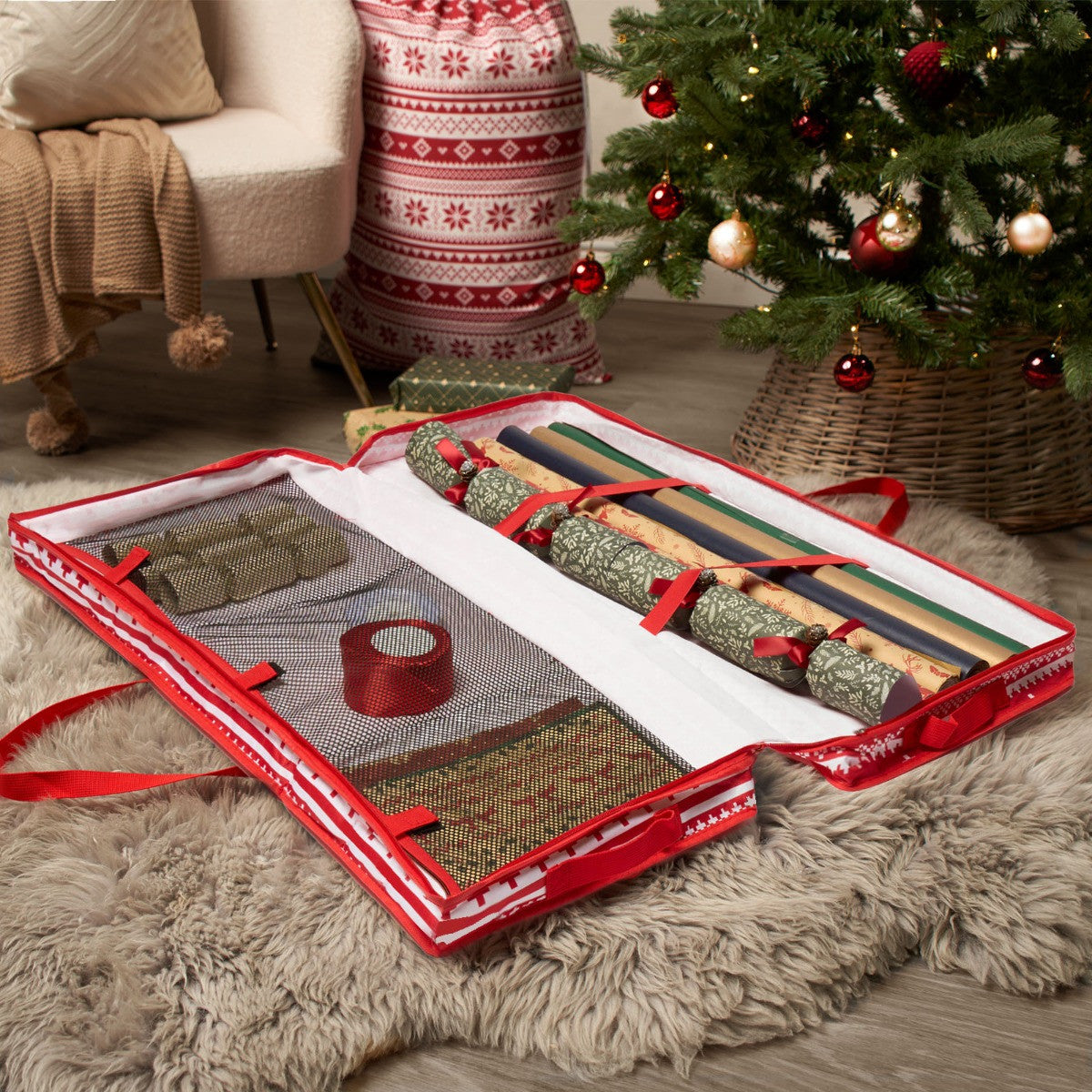 Christmas Nordic Print Wrap Storage Bag – Red