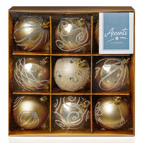 60mm Champagne Gold Christmas Baubles – Pack of 9