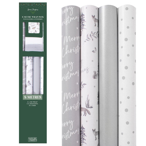 8 Metre Christmas Wrapping Paper Set – Silver & White Woodland Theme