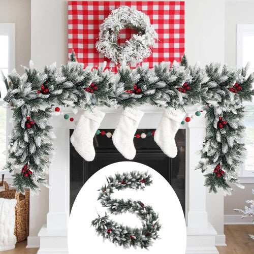 6ft Snow-Flocked Pine Garland with White Cedar & Red Berries