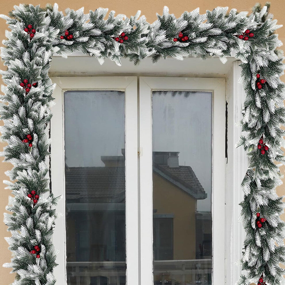 6ft Snow-Flocked Pine Garland with White Cedar & Red Berries