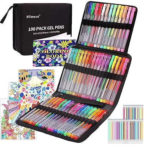 Efimeso 100-Piece Glitter Gel Pen Set with Colouring Book & Refills