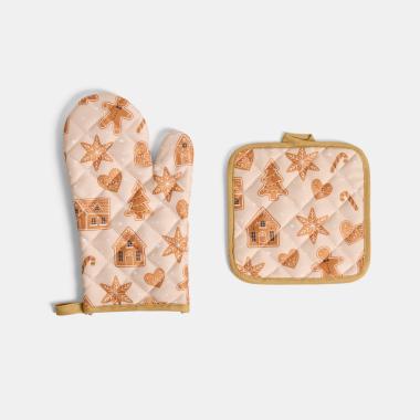 GINGERBREAD PRINT OVEN MITT & POT STAND SET