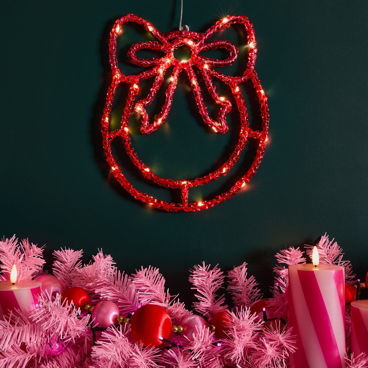 LED BOW WREATH – HOT PINK & RED