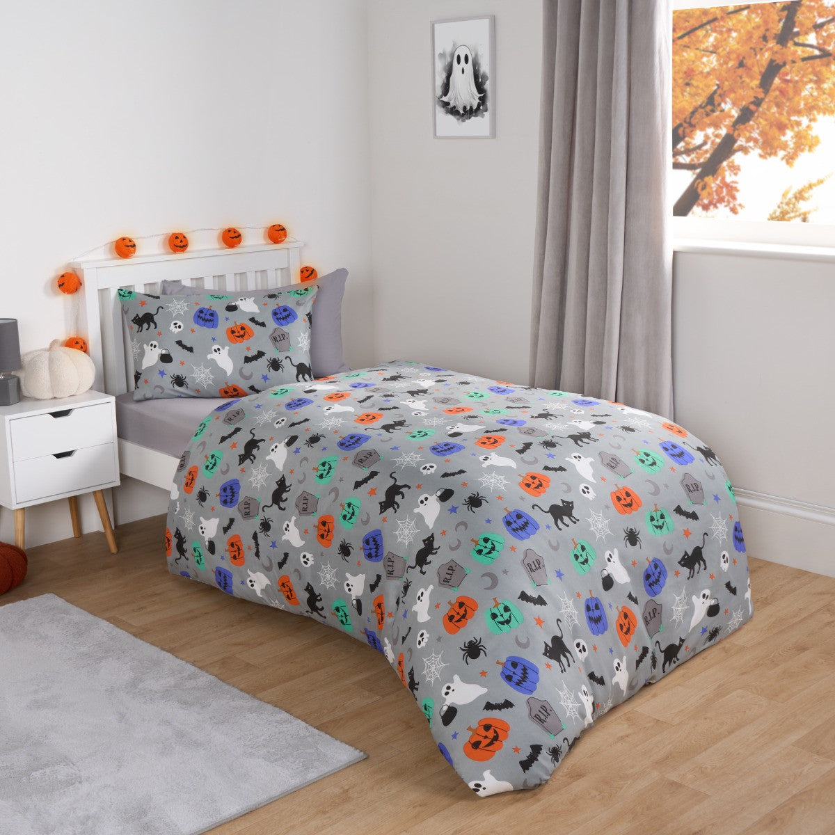 Halloween Duvet Cover Set in Grey,- Single