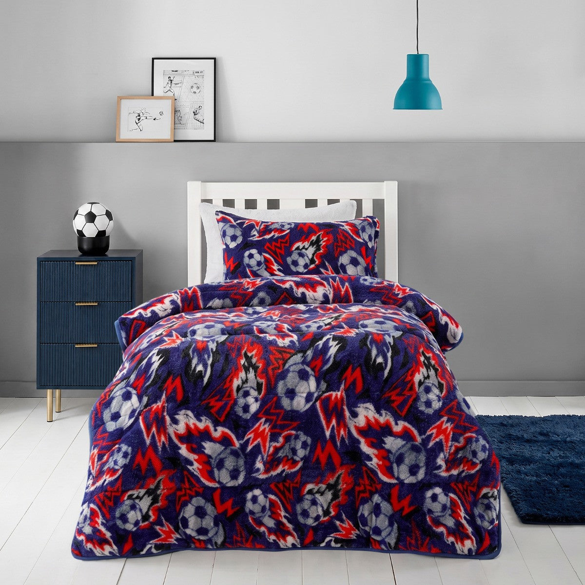 COVERLESS TEDDY FOOTBALL DUVET & PILLOWCASE SET – NAVY SINGLE