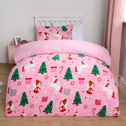 Christmas Unicorn Fleece Duvet Set Single – Pink
