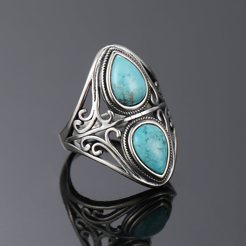 Bohemian Vintage Style Double Teardrop Turquoise Ring