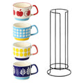 Set of rack and 4 Ceramic Mugs with Fun Patterns, 300ml Colorful Coffee Cups (Apple, Dots, Leaf, Stripe)