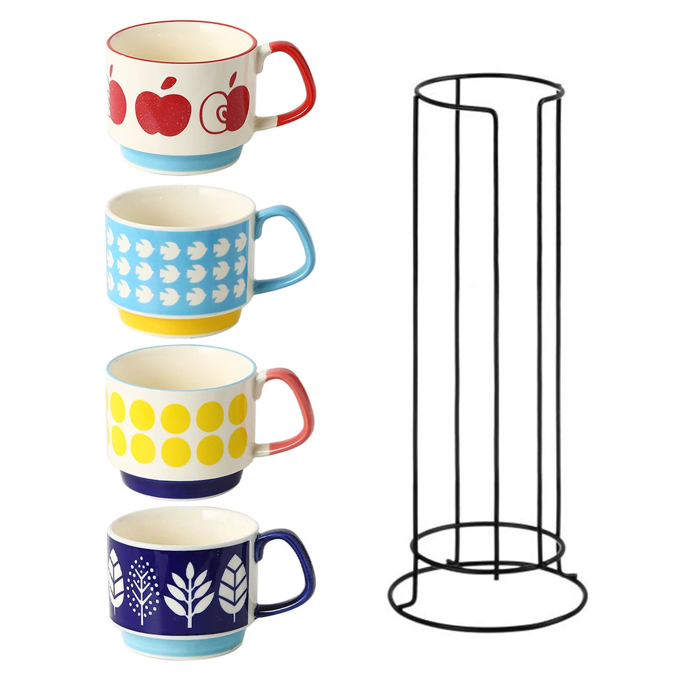 Set of rack and 4 Ceramic Mugs with Fun Patterns, 300ml Colorful Coffee Cups (Apple, Dots, Leaf, Stripe)