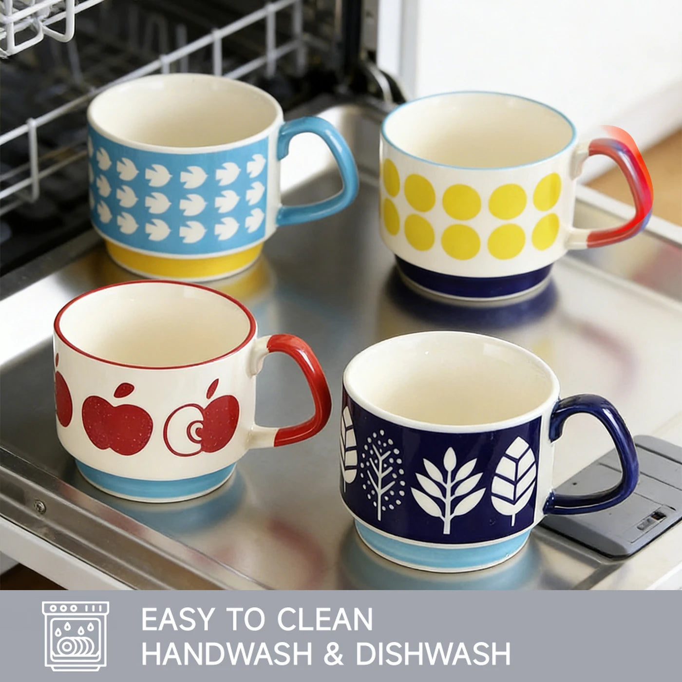 Set of rack and 4 Ceramic Mugs with Fun Patterns, 300ml Colorful Coffee Cups (Apple, Dots, Leaf, Stripe)