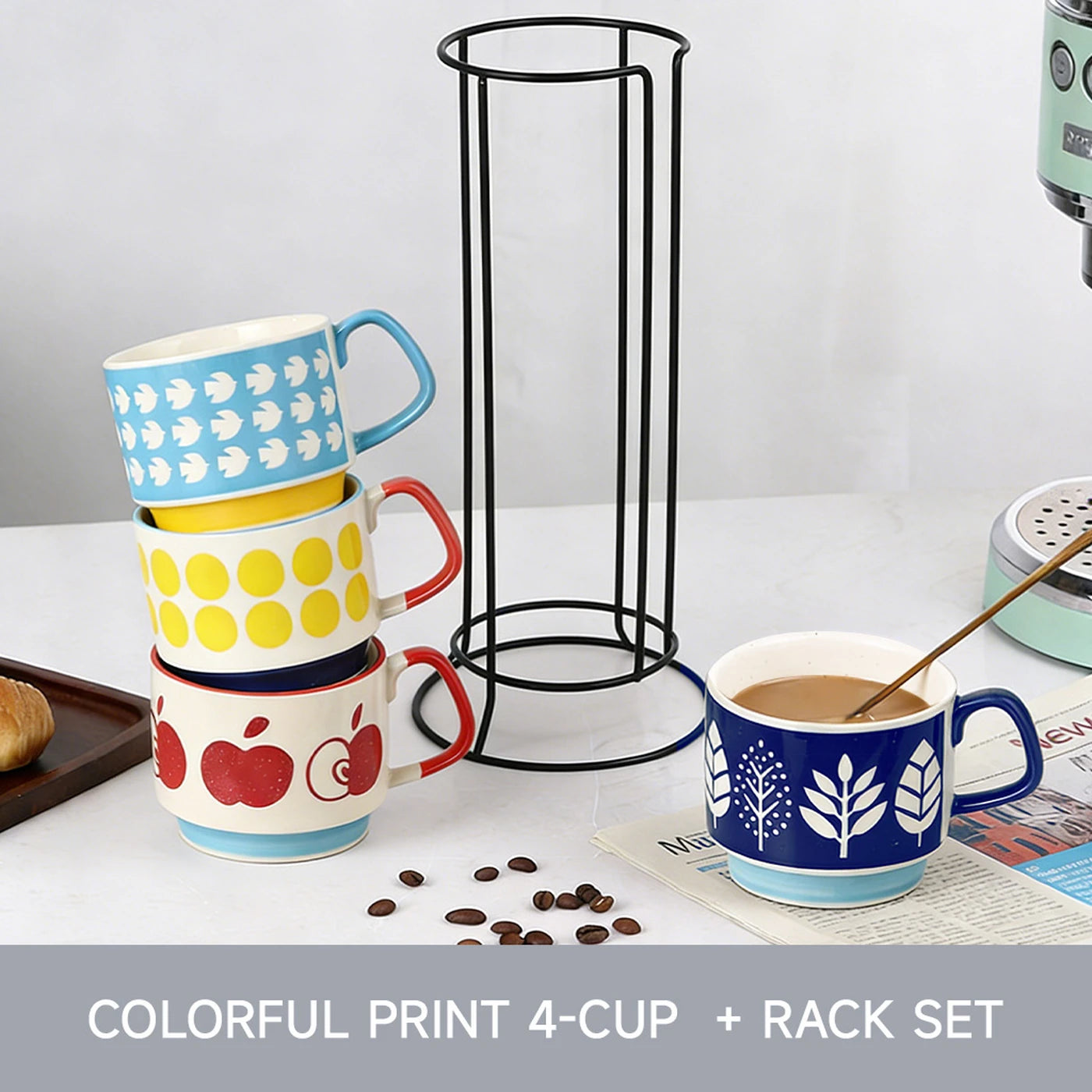 Set of rack and 4 Ceramic Mugs with Fun Patterns, 300ml Colorful Coffee Cups (Apple, Dots, Leaf, Stripe)