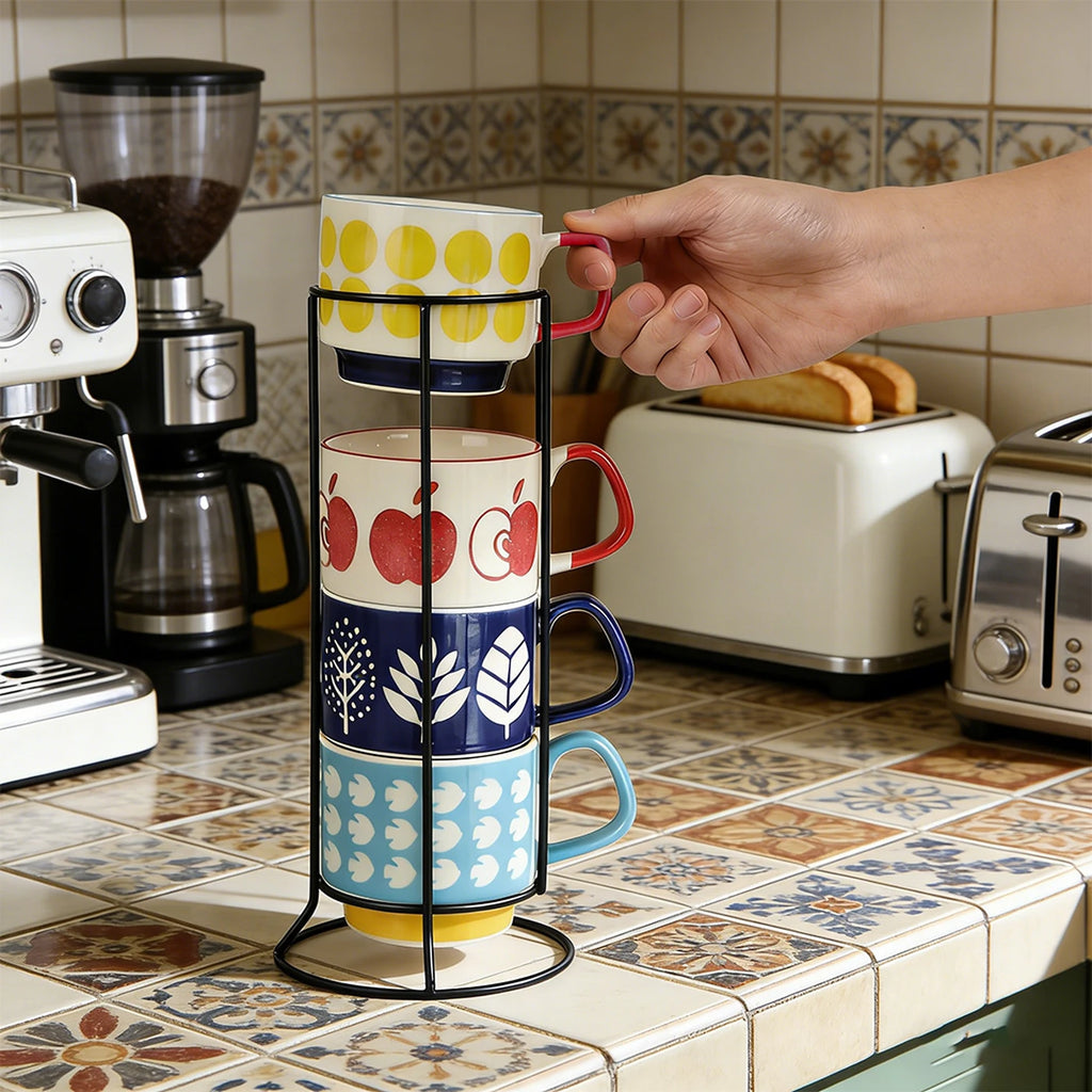 Set of rack and 4 Ceramic Mugs with Fun Patterns, 300ml Colorful Coffee Cups (Apple, Dots, Leaf, Stripe)
