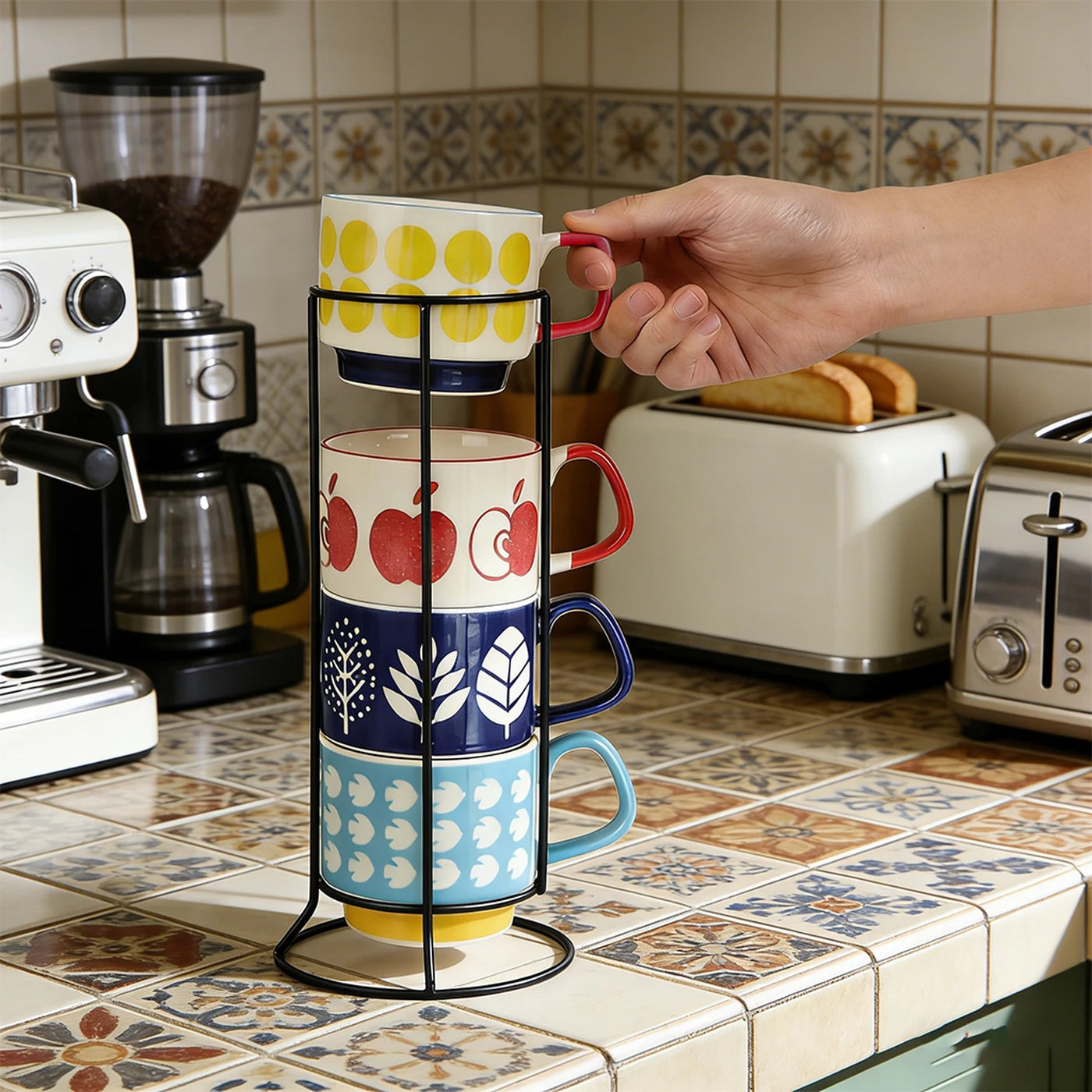 Set of rack and 4 Ceramic Mugs with Fun Patterns, 300ml Colorful Coffee Cups (Apple, Dots, Leaf, Stripe)