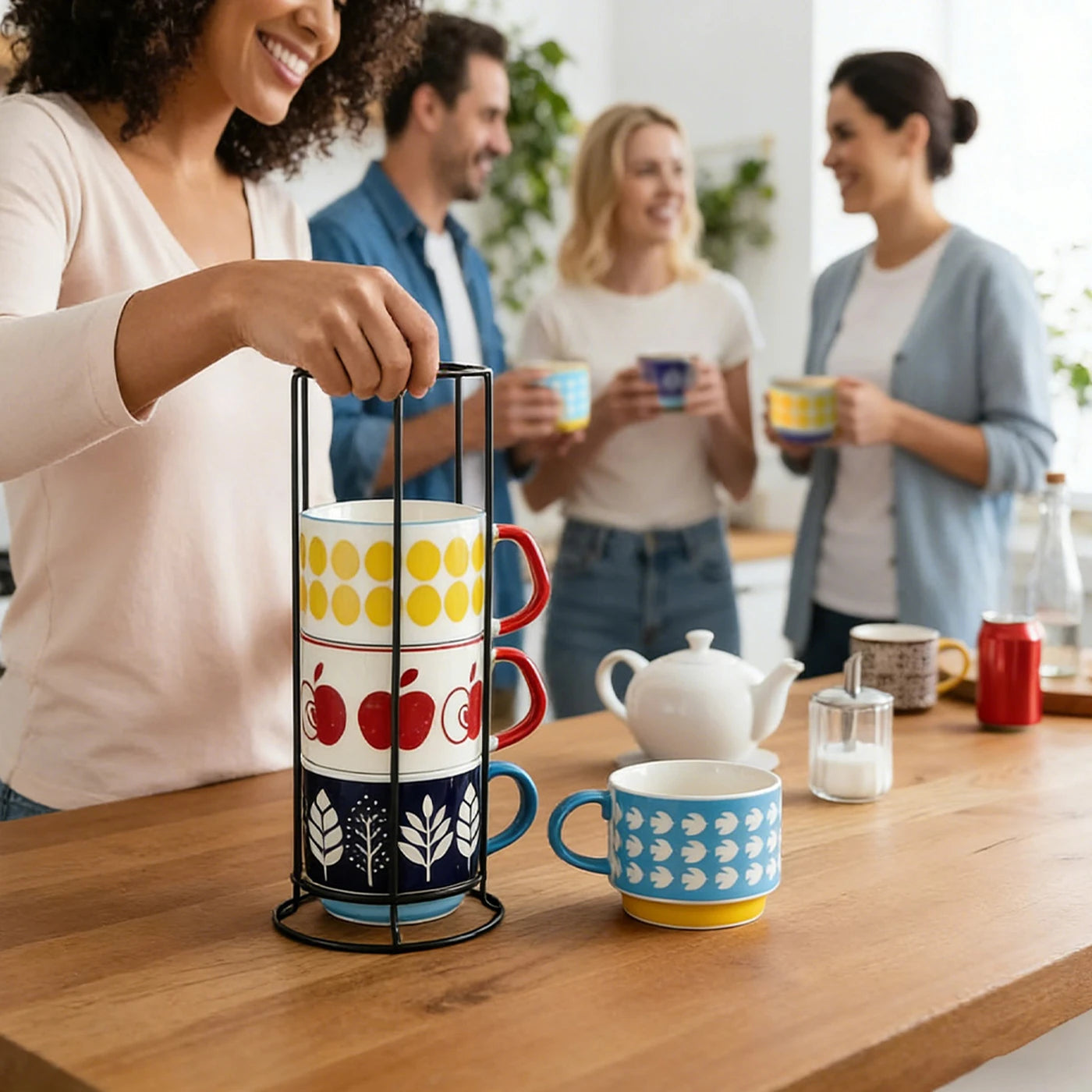 Set of rack and 4 Ceramic Mugs with Fun Patterns, 300ml Colorful Coffee Cups (Apple, Dots, Leaf, Stripe)