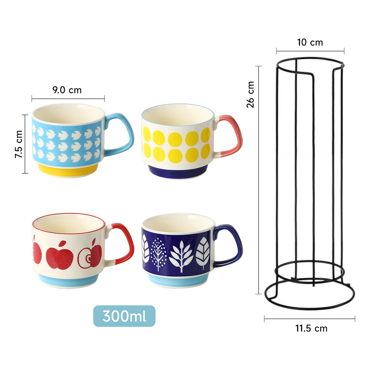 Set of rack and 4 Ceramic Mugs with Fun Patterns, 300ml Colorful Coffee Cups (Apple, Dots, Leaf, Stripe)